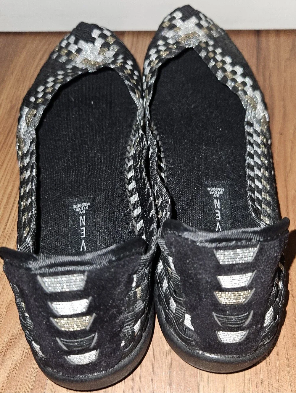 Steve Madden 'Criss' Black Woven Flats with Silver and Gold Accents